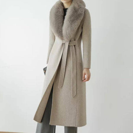 Long Wool Cashmere Coat With Removable Fox Fur Trims - BEYAZURA.COM