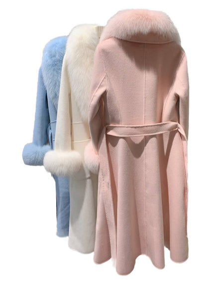 Long Wool Coat With Fox Fur Collar - BEYAZURA.COM