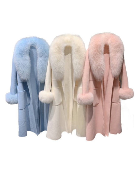 Long Wool Coat With Fox Fur Collar - BEYAZURA.COM
