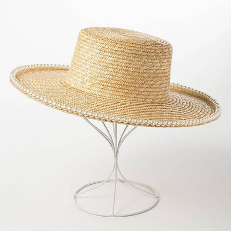 Lux Straw Hat With Pearl Wide Brim - BEYAZURA.COM
