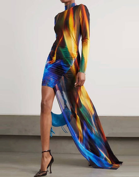 Mesh Flame Asymmetrical Dress - BEYAZURA.COM