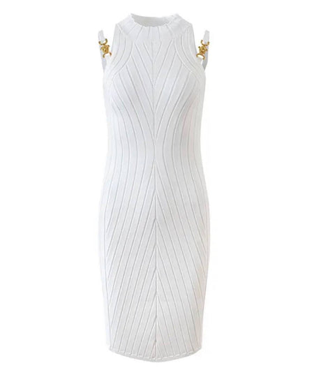 Metal Buckle Striped Knit Short Dress In White - BEYAZURA.COM