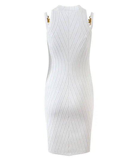 Metal Buckle Striped Knit Short Dress In White - BEYAZURA.COM