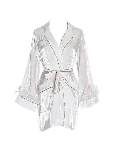 Metallic Feather Sleeve Short Robe - BEYAZURA.COM