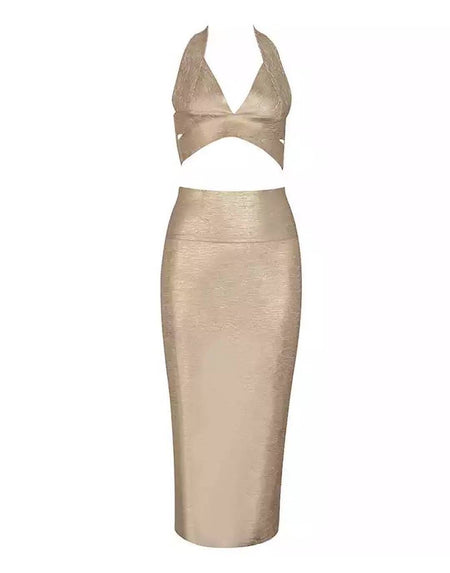 Metallic Gold Cutout Bandage Dress - BEYAZURA.COM