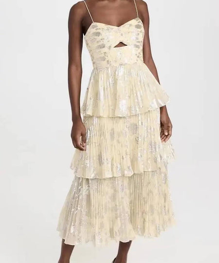 Metallic Print Layered Chiffon Midi Dress In Yellow - BEYAZURA.COM