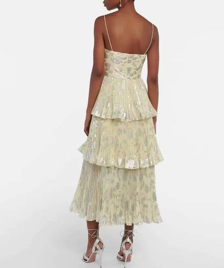 Metallic Print Layered Chiffon Midi Dress In Yellow - BEYAZURA.COM