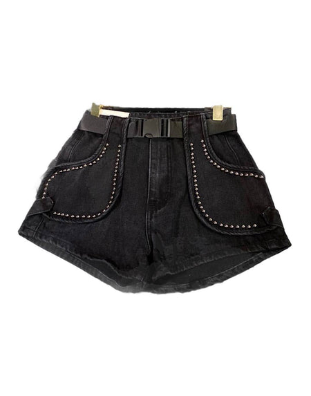 Mini Denim Shorts With Metal Studs In Black - BEYAZURA.COM