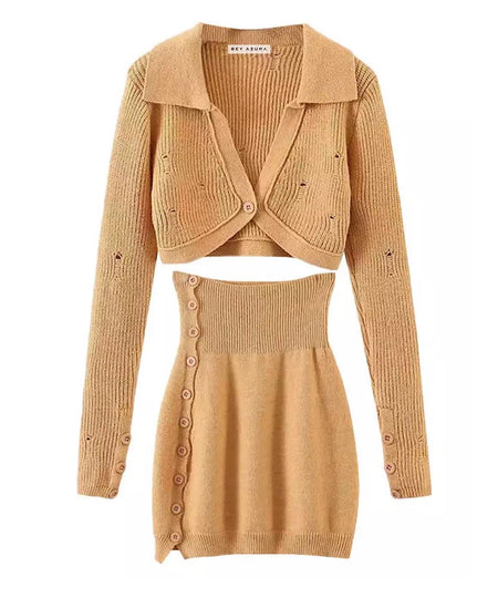 Mini Skirt And Cropped Shirt Knit Set In Brown - BEYAZURA.COM