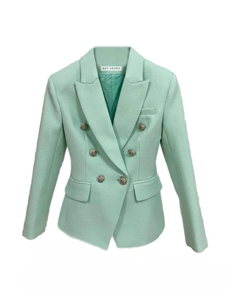 Mint Green Silver Buttoned Double Breasted Blazer - BEYAZURA.COM