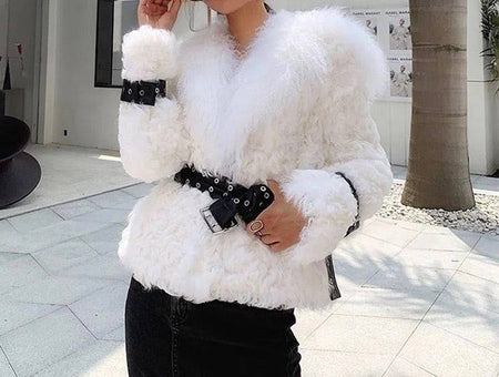 Mongalian Lamb Fur Sheepskin Leather Belted Coat - BEYAZURA.COM