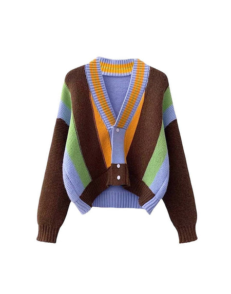 Multi Color Striped Knit Cardigan - BEYAZURA.COM