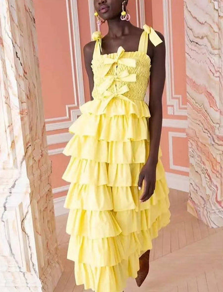 Multi Layer Bow Spaghetti Strap Dress - BEYAZURA.COM