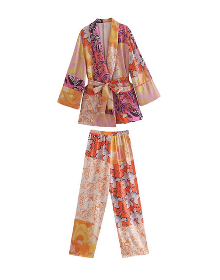 Multi Print Kimono Pants Set - BEYAZURA.COM