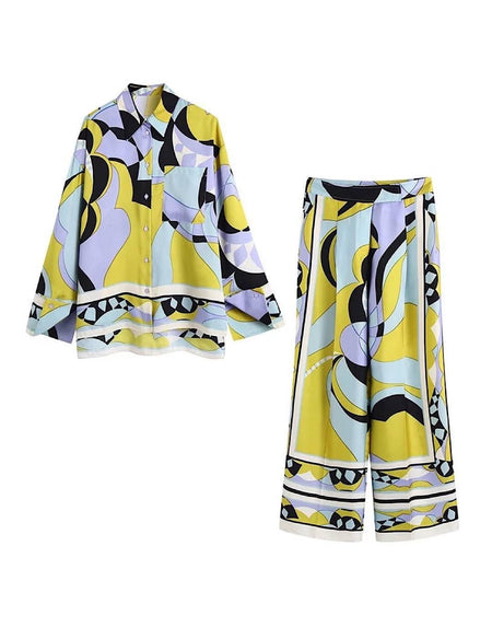 Multi Print Shirt High Waisted Loose Pants Set - BEYAZURA.COM