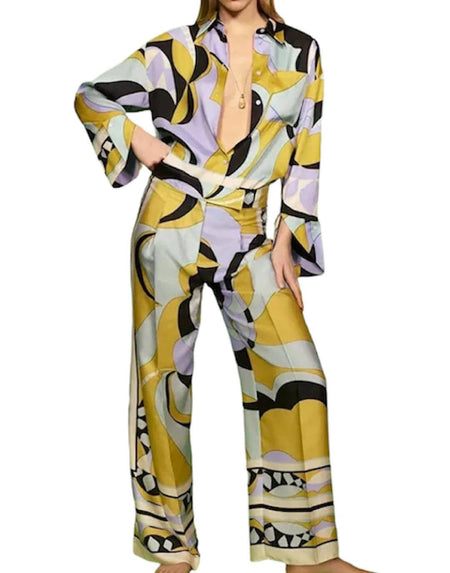 Multi Print Shirt High Waisted Loose Pants Set - BEYAZURA.COM