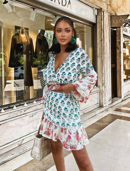 Multi Print V Neck and Skirt Two Piece Set - BEYAZURA.COM