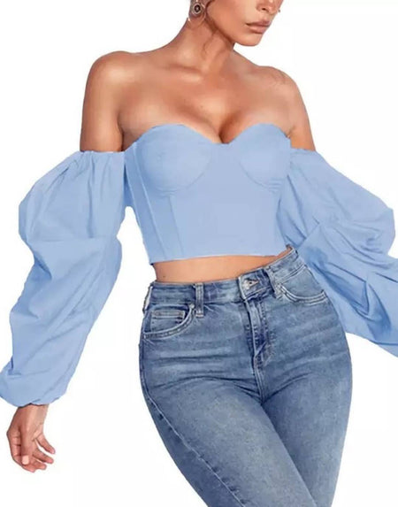 Off Shoulder Puff Sleeve Top - BEYAZURA.COM