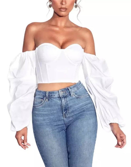 Off Shoulder Puff Sleeve Top - BEYAZURA.COM