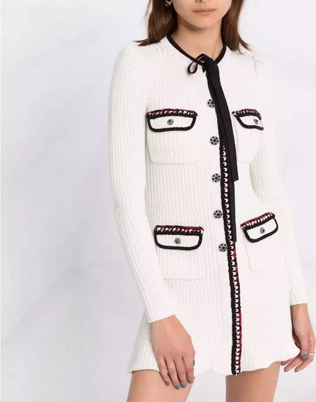 Off White Bow Collar Slim Knit Dress - BEYAZURA.COM