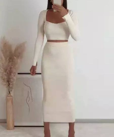 Off White Knitted Long Skirt Top Set - BEYAZURA.COM