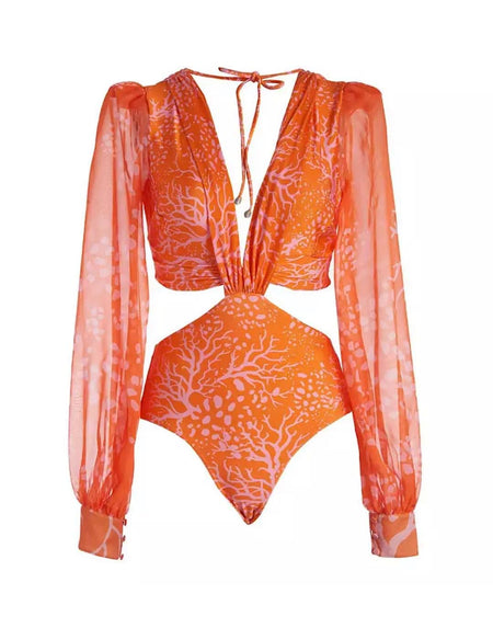 One Piece Long Sleeve Printed Swimsuit - BEYAZURA.COM