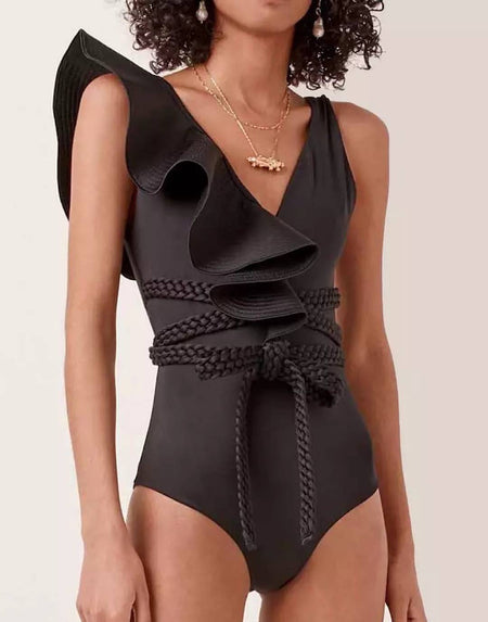 One Piece Ruffle Braid Tied Swimsuit - BEYAZURA.COM