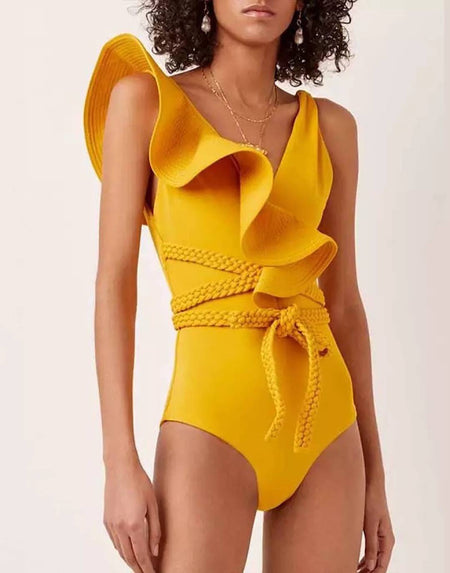 One Piece Ruffle Braid Tied Swimsuit - BEYAZURA.COM