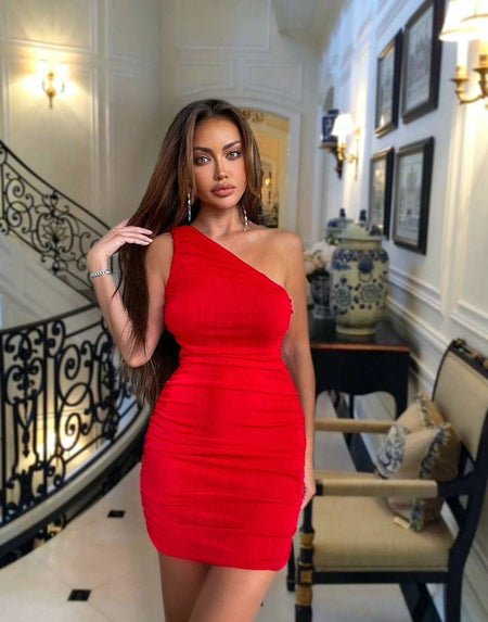 One Shoulder Bodycon Mini Dress - BEYAZURA.COM