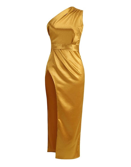One Shoulder Draped Slitted Dress - BEYAZURA.COM