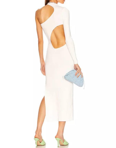 One Sleeve Cutout Bodycon Dress In White - BEYAZURA.COM