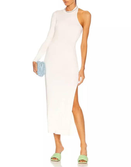 One Sleeve Cutout Bodycon Dress In White - BEYAZURA.COM