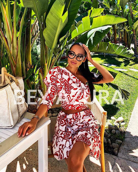 One Sleeve Red Print Top and Skirt Set - BEYAZURA.COM