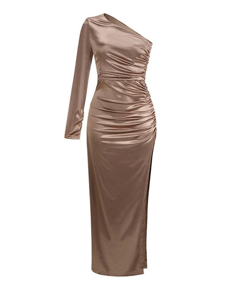 One Sleeve Ruched Dress - BEYAZURA.COM