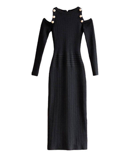 Open Shoulder Long Knit Dress in Black - BEYAZURA.COM