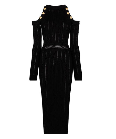 Open Shoulder Long Knit Dress in White - BEYAZURA.COM