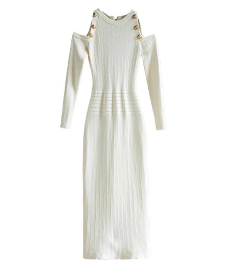 Open Shoulder Long Knit Dress in White - BEYAZURA.COM