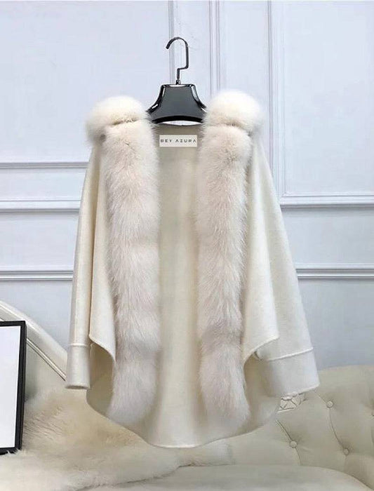 Oversized Australian Wool Fox Fur Trim Poncho In Pink - BEYAZURA.COM
