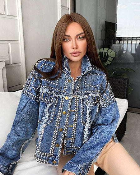 Oversized Denim Jacket With Studs - BEYAZURA.COM