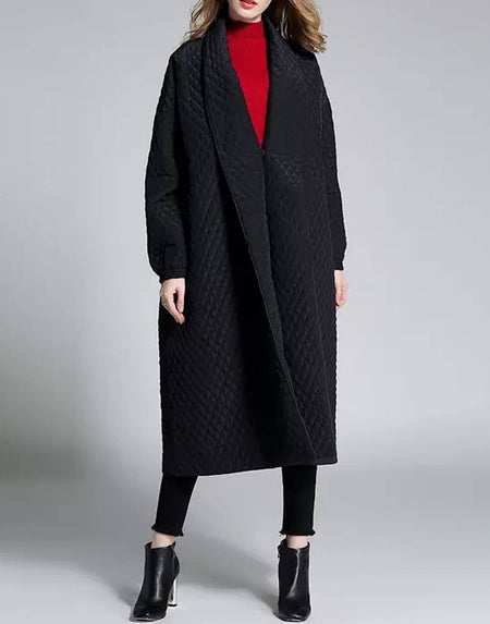 Padded Grid Patterned Loose Coat - BEYAZURA.COM