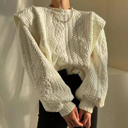 Patterned Scoop Neck Exaggerated Shoulder Sweater - BEYAZURA.COM