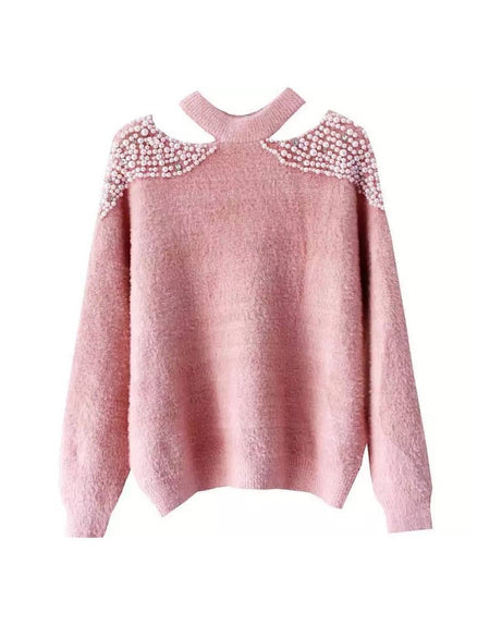 Pearl Shoulder Cut Out Fuzzy Sweater - BEYAZURA.COM