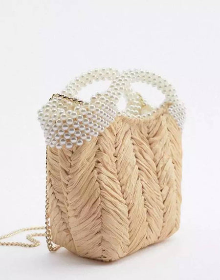 Pearl Strapped Straw Tote Bag - BEYAZURA.COM