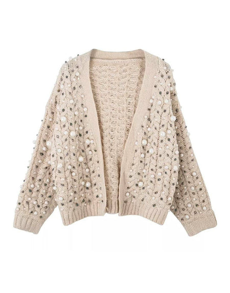 Pearl Trimmed Cable Knit Cardigan - BEYAZURA.COM