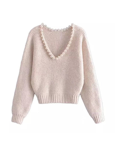 Pearl V Neck Collar Loose Sweater - BEYAZURA.COM