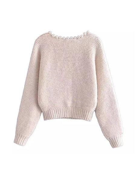 Pearl V Neck Collar Loose Sweater - BEYAZURA.COM
