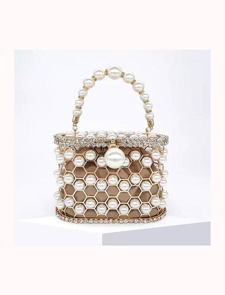 Pearled and Crystallized Cage Handle Clutch - BEYAZURA.COM