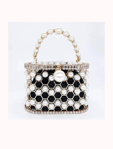 Pearled and Crystallized Cage Handle Clutch - BEYAZURA.COM