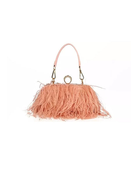 Pink Faux Feather Knuckle Ring Clutch - BEYAZURA.COM