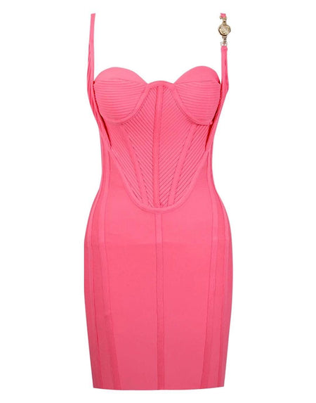 Pink Gold Trim Knitted Bandage Dress - BEYAZURA.COM